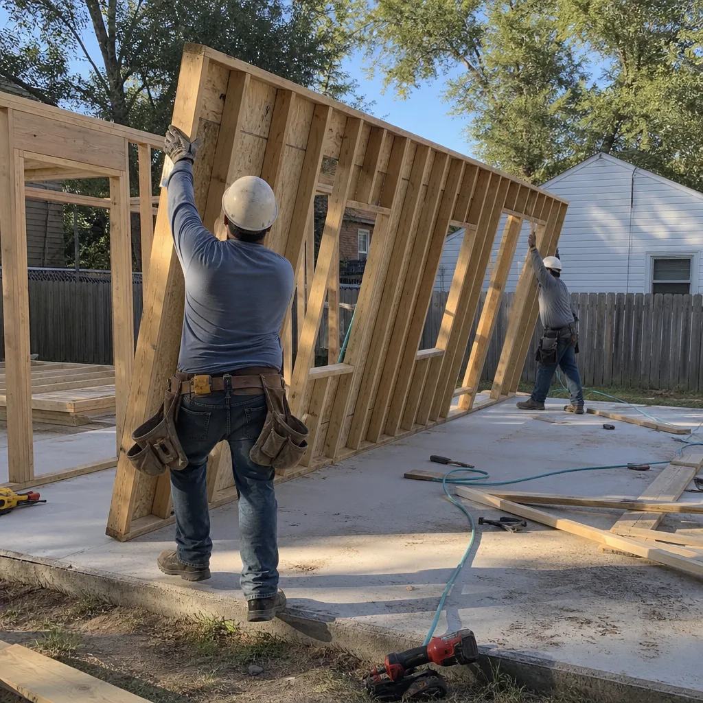 Professional construction crew framing a new accessory dwelling unit wall in San Antonio, TX