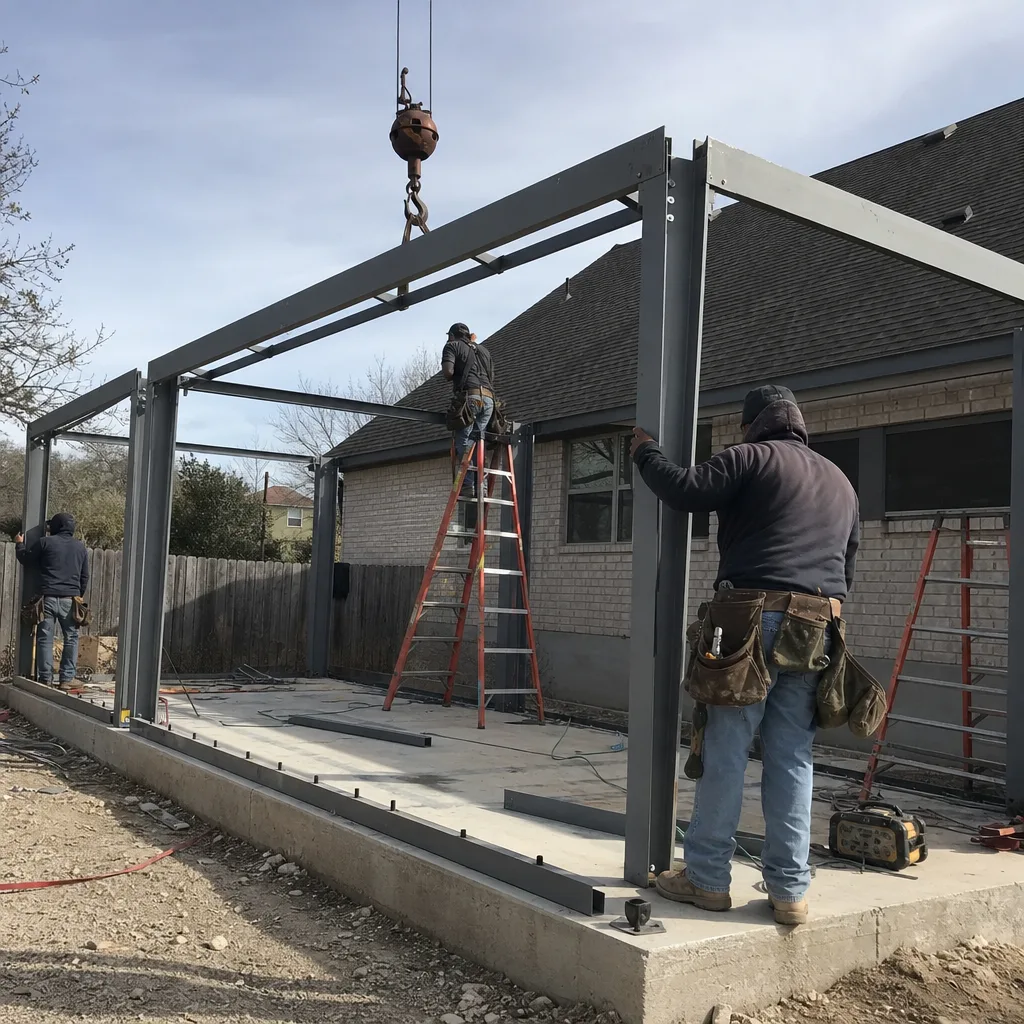 Construction crew assembling a steel frame for an accessory dwelling unit in San Antonio, TX