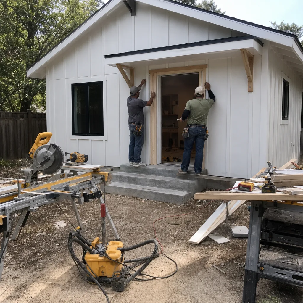 Professional builders installing trim on a modern white ADU exterior