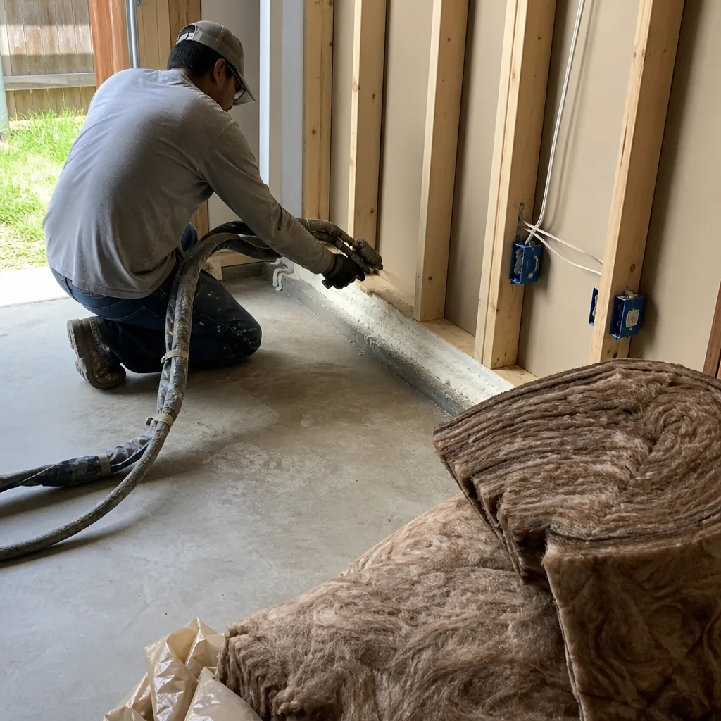 Contractor applying spray foam insulation during a garage conversion