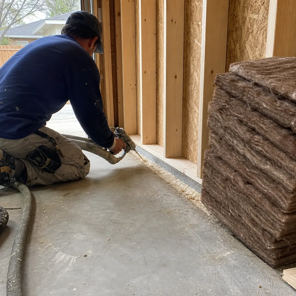 Contractor applying foam sealant to garage wall base plate