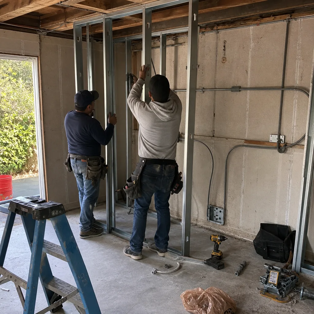 Contractors framing wall studs for a garage conversion project.