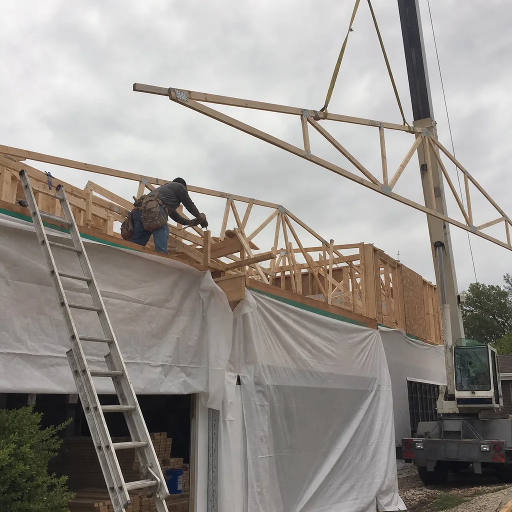 Contractor installing roof truss on residential home addition project