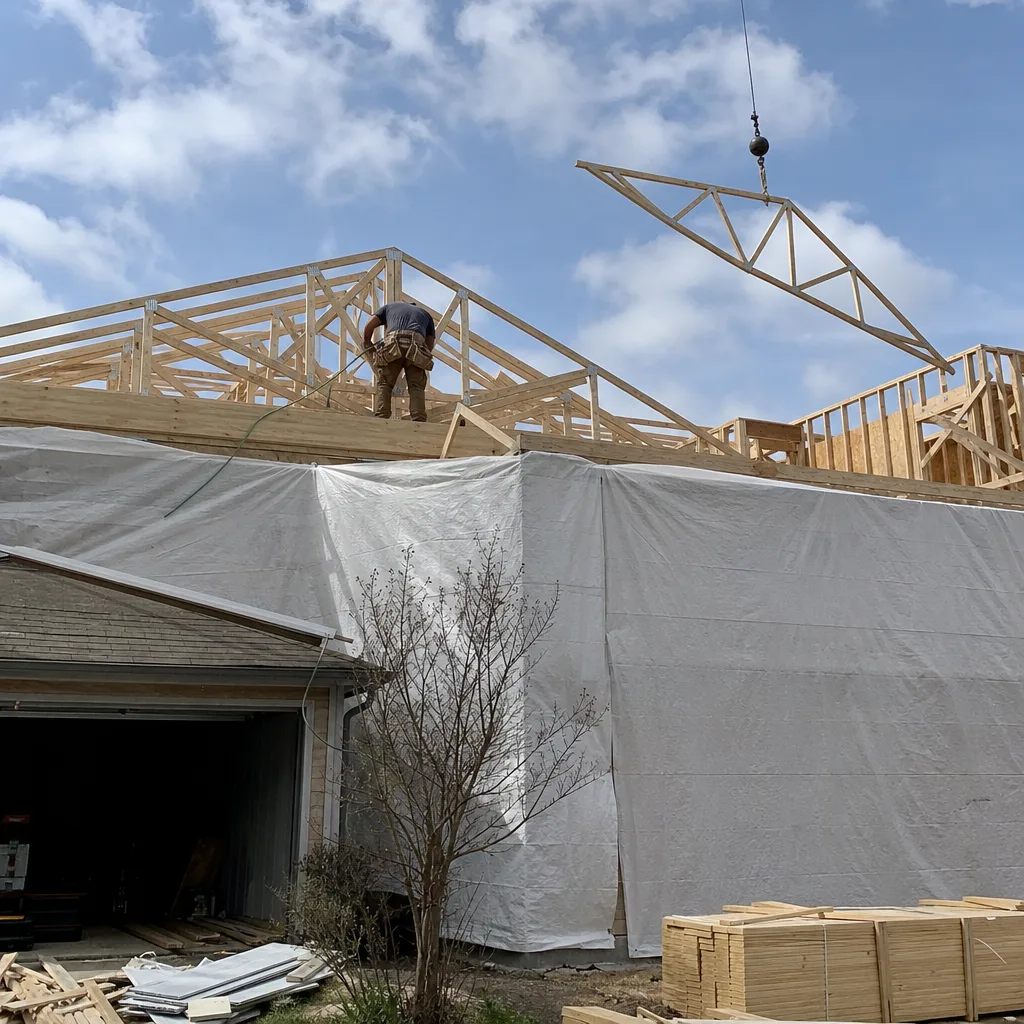 Construction contractor installing wooden roof truss on a home addition project