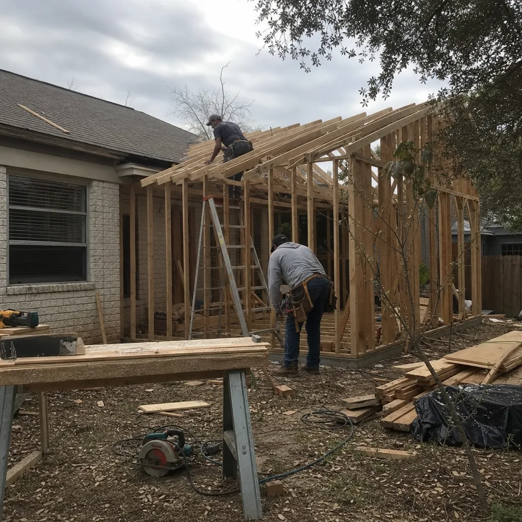 Contractors framing a residential home addition project